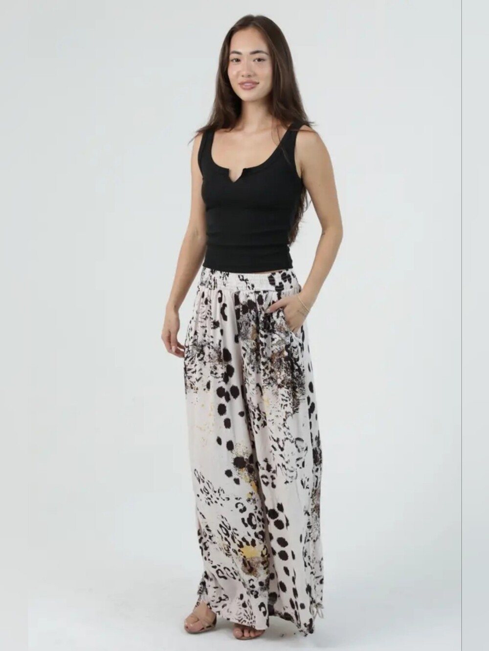 Angie Printed Maxi Skirt in White, Black and Brown